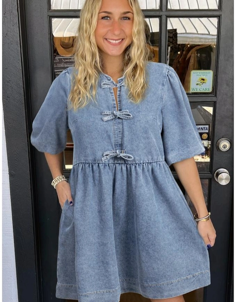 Dusk Blue Bowknot Bubble Sleeve Short Denim Dress