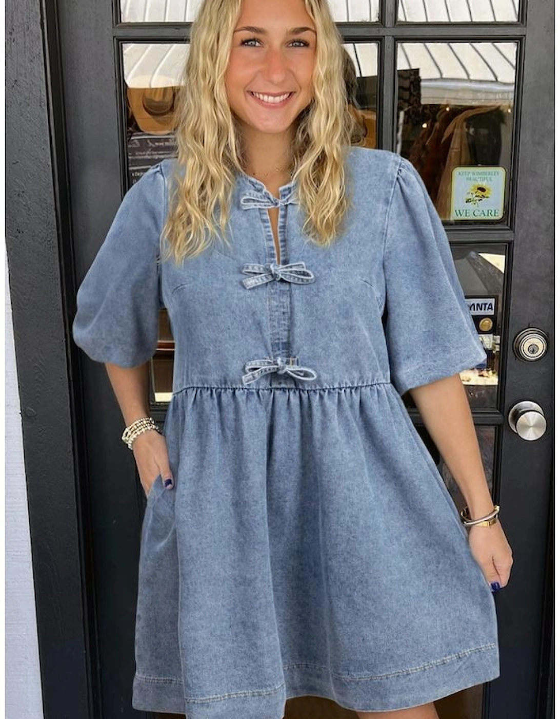 Dusk Blue Bowknot Bubble Sleeve Short Denim Dress
