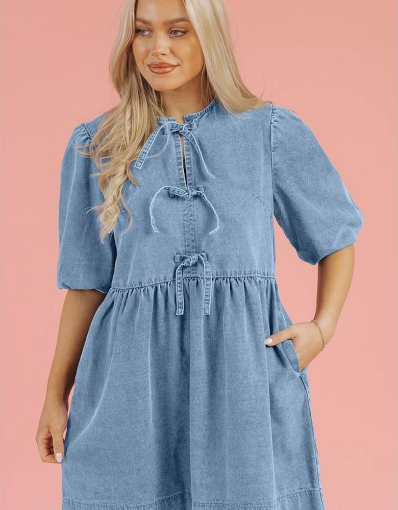 Dusk Blue Bowknot Bubble Sleeve Short Denim Dress