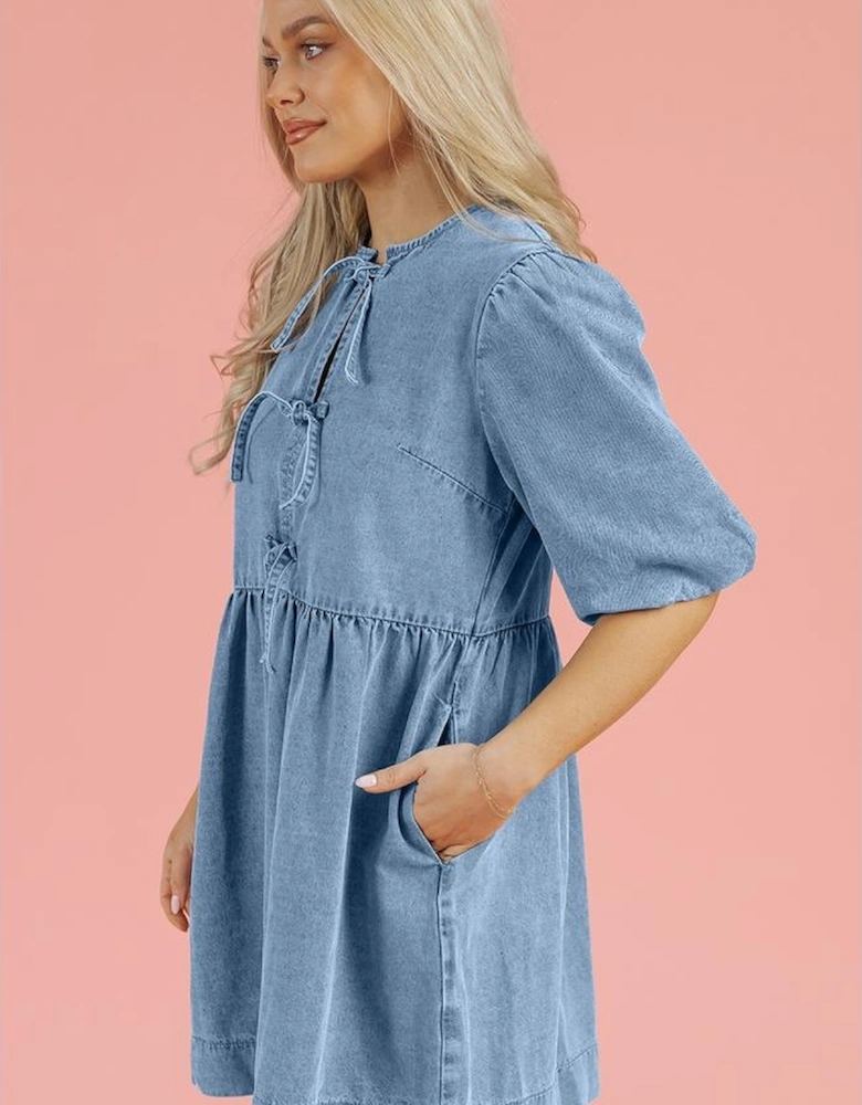 Dusk Blue Bowknot Bubble Sleeve Short Denim Dress