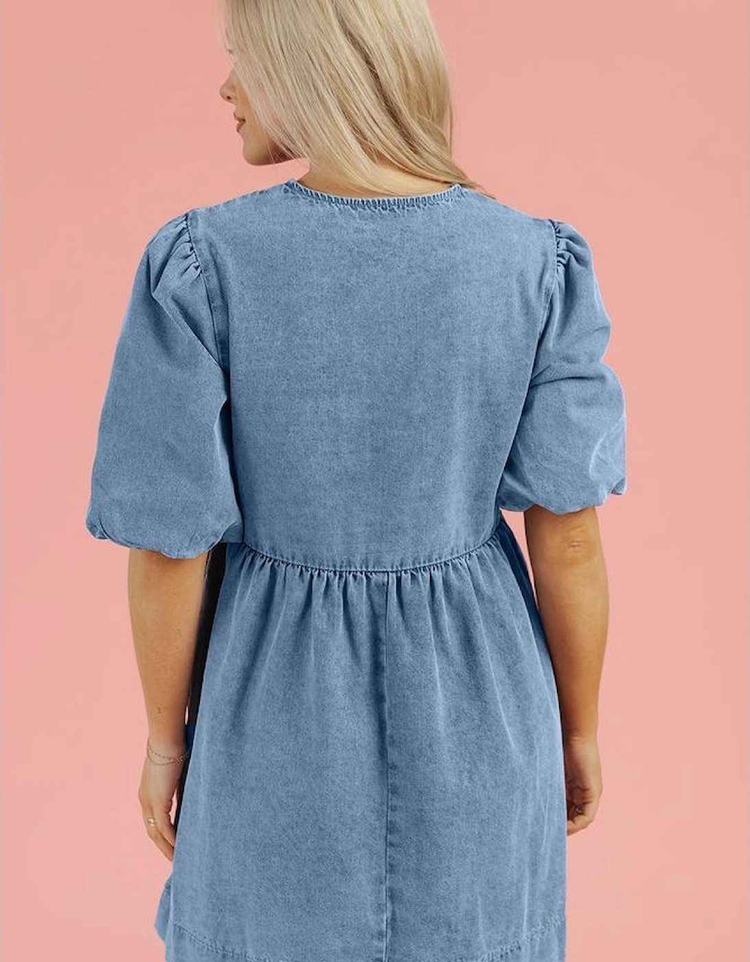 Dusk Blue Bowknot Bubble Sleeve Short Denim Dress
