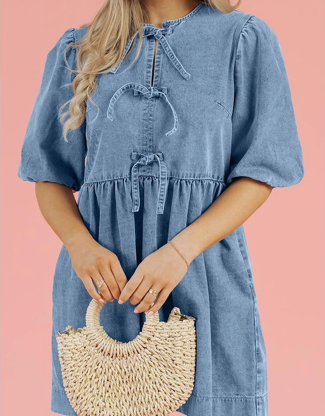 Dusk Blue Bowknot Bubble Sleeve Short Denim Dress