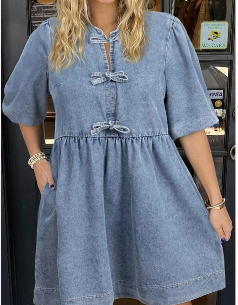 Dusk Blue Bowknot Bubble Sleeve Short Denim Dress