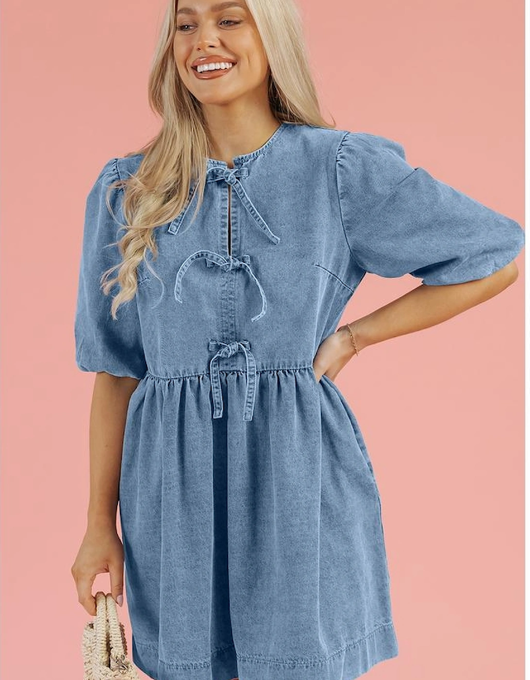 Dusk Blue Bowknot Bubble Sleeve Short Denim Dress