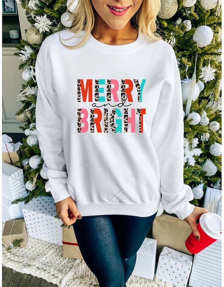 White MERRY and BRIGHT Leopard Print Pullover Sweatshirt