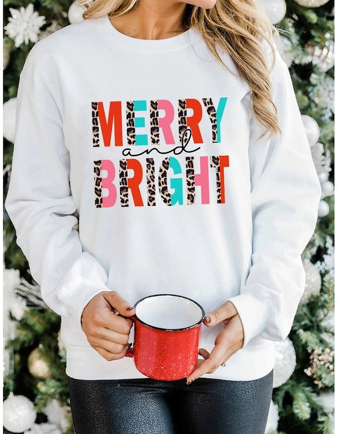 White MERRY and BRIGHT Leopard Print Pullover Sweatshirt