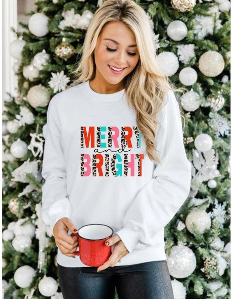 White MERRY and BRIGHT Leopard Print Pullover Sweatshirt