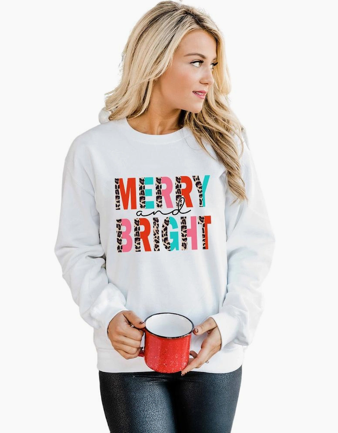 White MERRY and BRIGHT Leopard Print Pullover Sweatshirt
