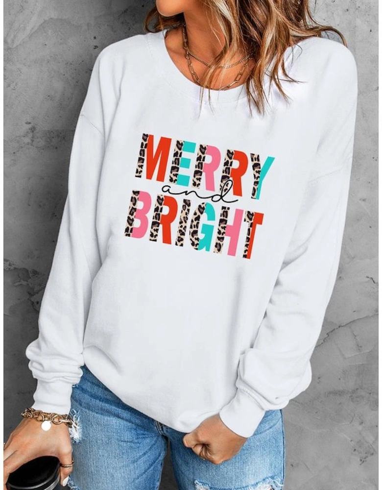 White MERRY and BRIGHT Leopard Print Pullover Sweatshirt