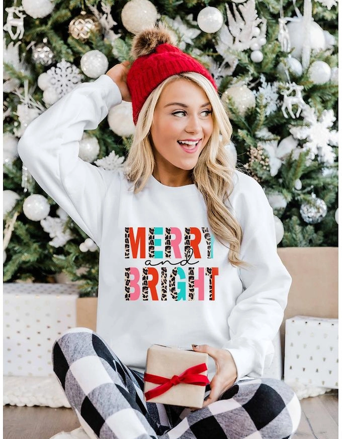 White MERRY and BRIGHT Leopard Print Pullover Sweatshirt