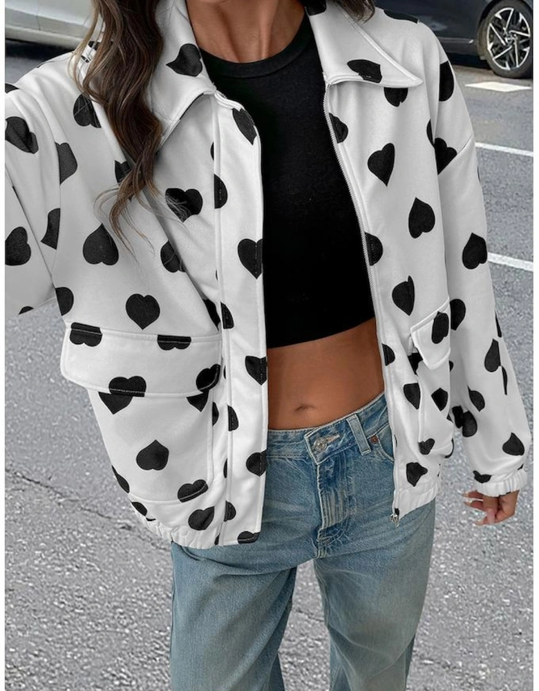 White Double Flap Pocket Heart Print Collar Zip Jacket