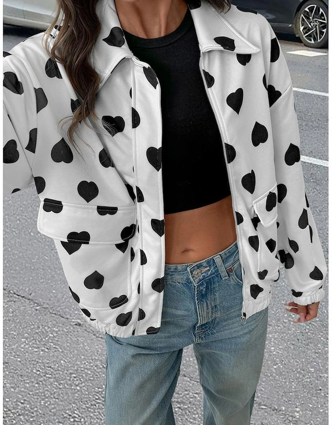 White Double Flap Pocket Heart Print Collar Zip Jacket