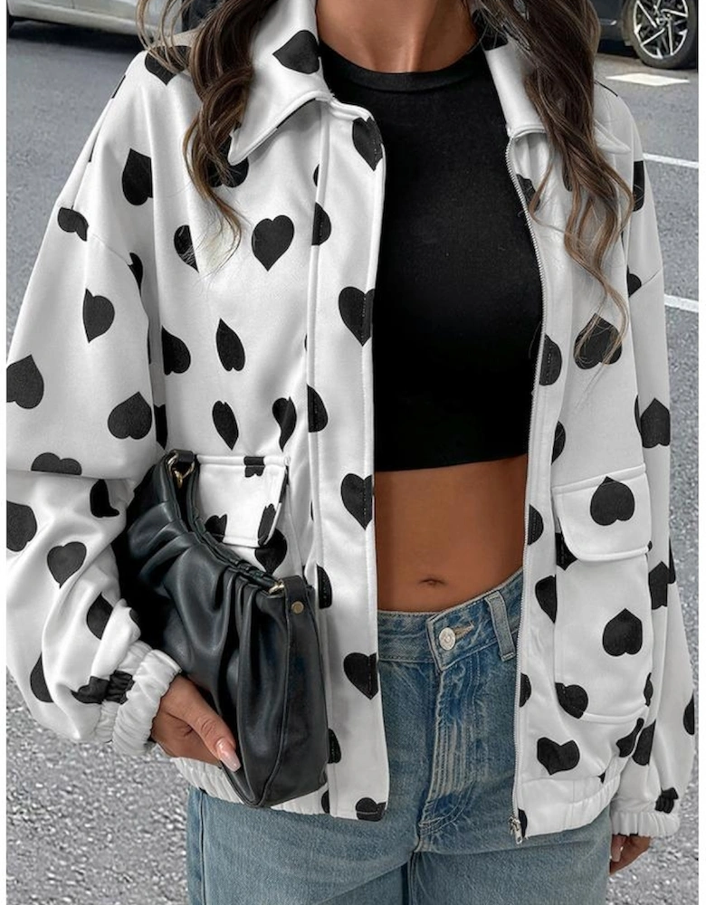 White Double Flap Pocket Heart Print Collar Zip Jacket