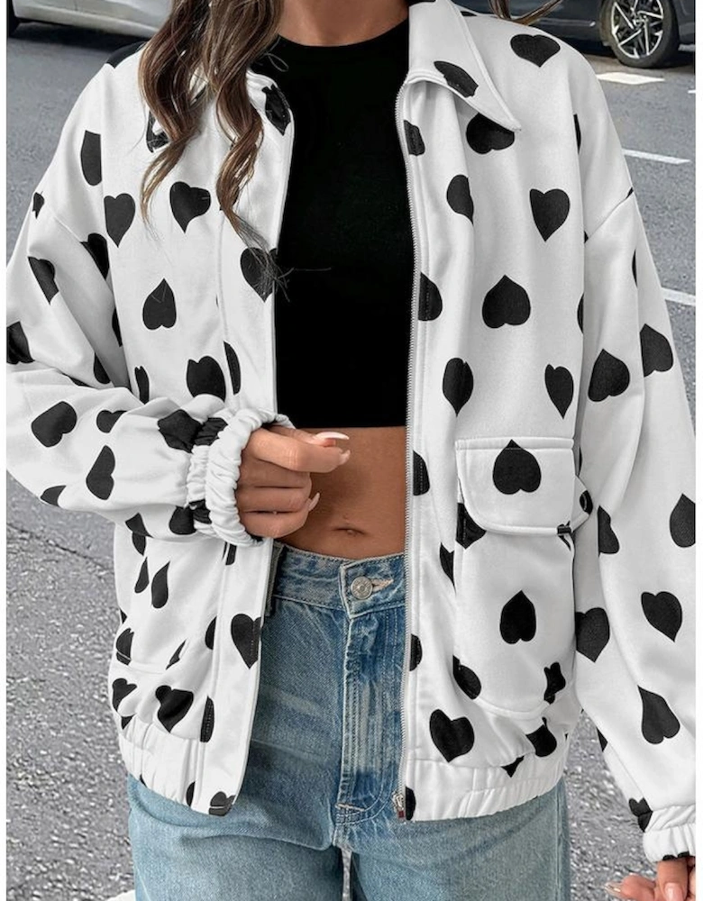 White Double Flap Pocket Heart Print Collar Zip Jacket