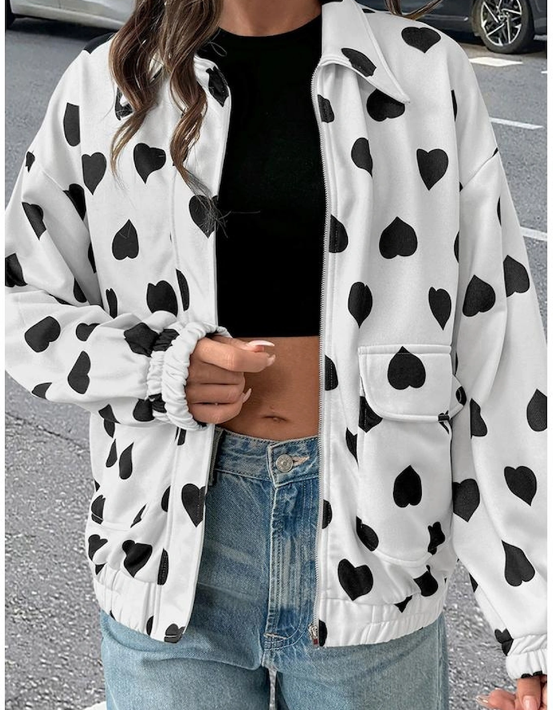 White Double Flap Pocket Heart Print Collar Zip Jacket