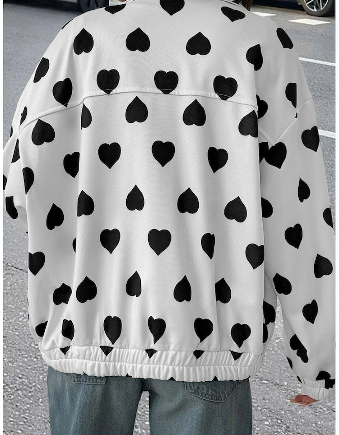 White Double Flap Pocket Heart Print Collar Zip Jacket, 6 of 5