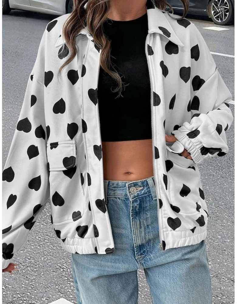 White Double Flap Pocket Heart Print Collar Zip Jacket
