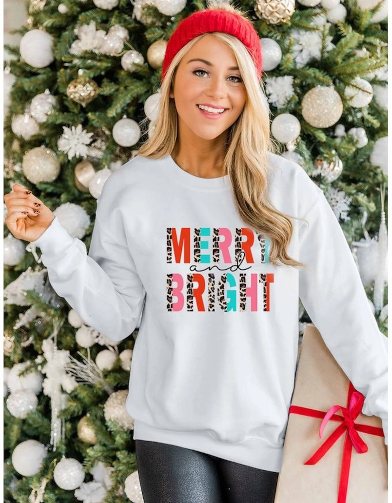 White MERRY and BRIGHT Leopard Print Pullover Sweatshirt