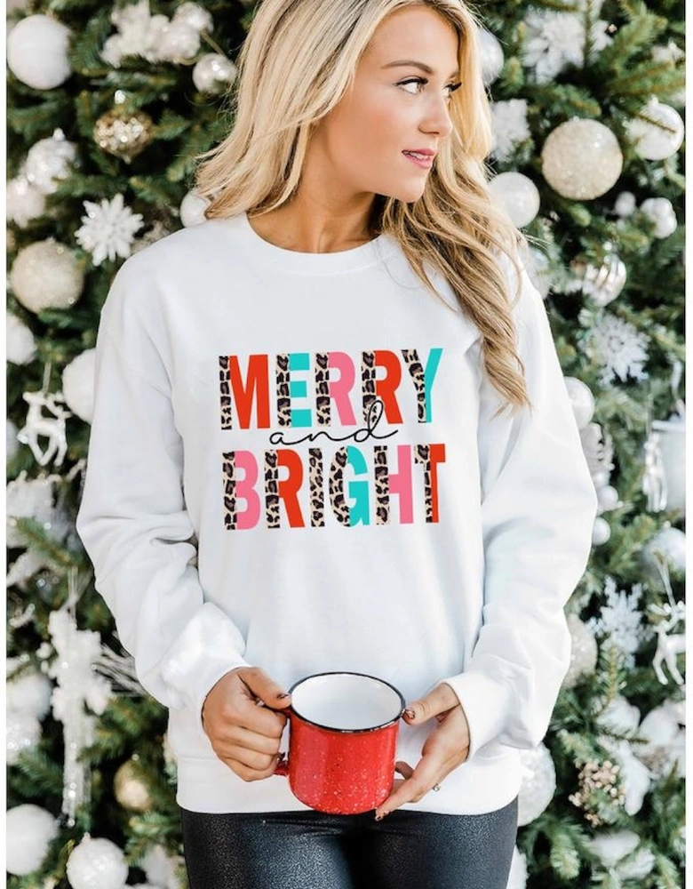 White MERRY and BRIGHT Leopard Print Pullover Sweatshirt