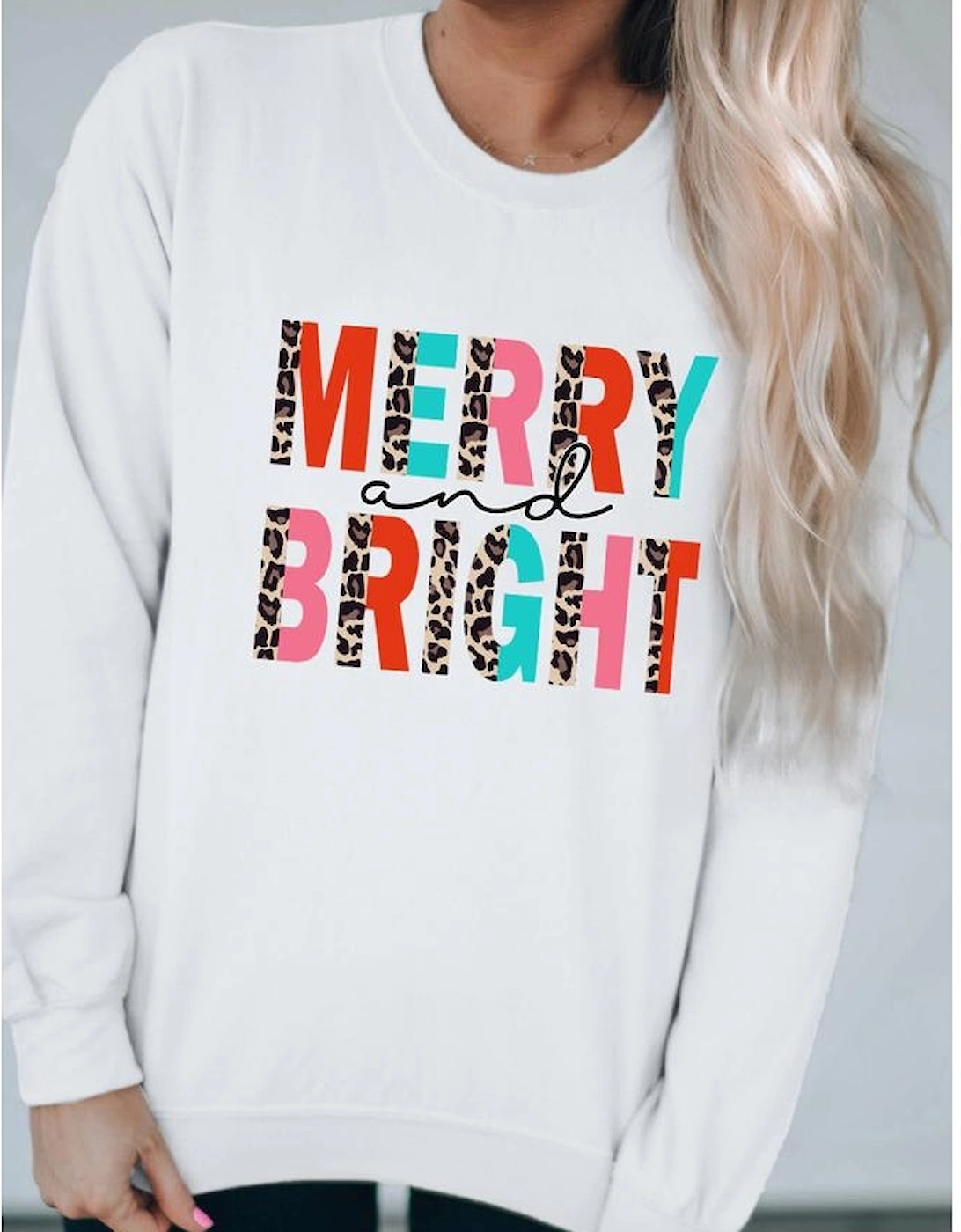White MERRY and BRIGHT Leopard Print Pullover Sweatshirt