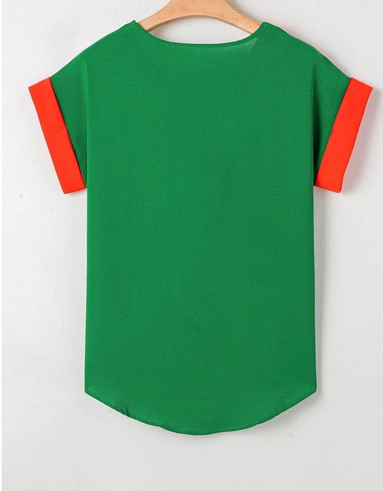 Rose Red Contrast Trim Color Block Front Zipped T Shirt