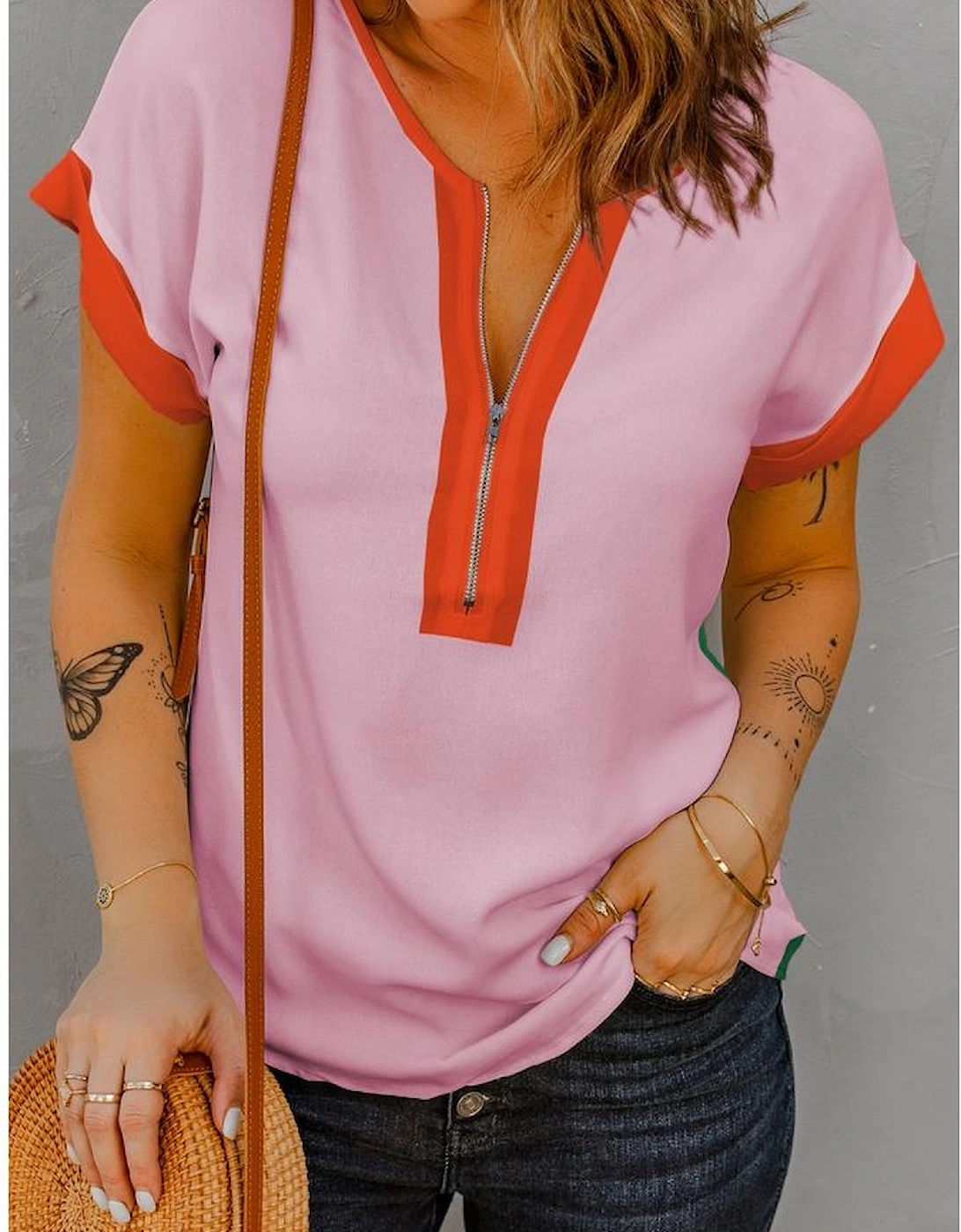 Rose Red Contrast Trim Color Block Front Zipped T Shirt
