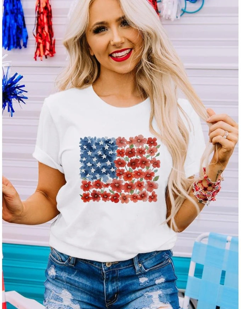White Star Floral American Flag Printed T Shirt
