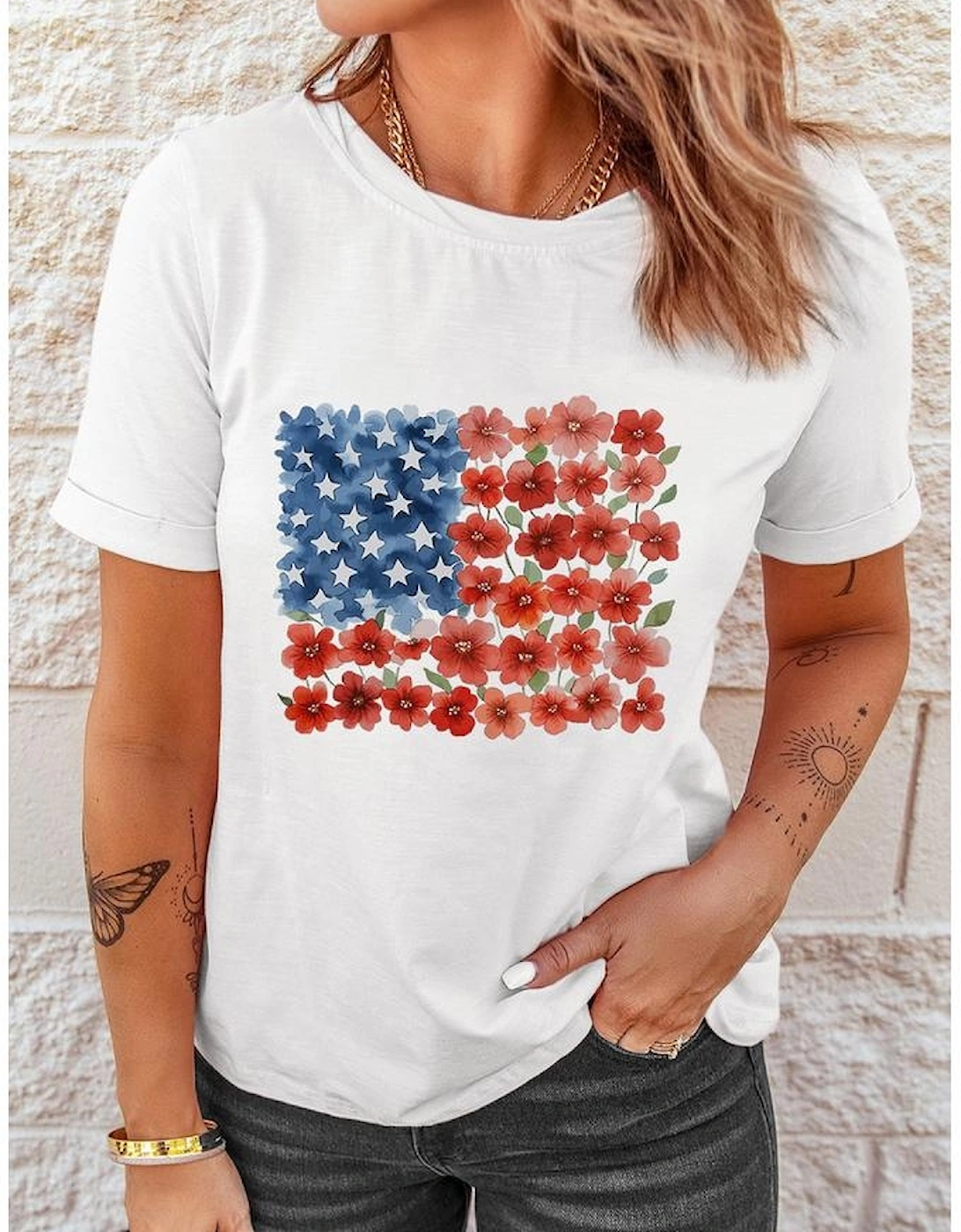 White Star Floral American Flag Printed T Shirt