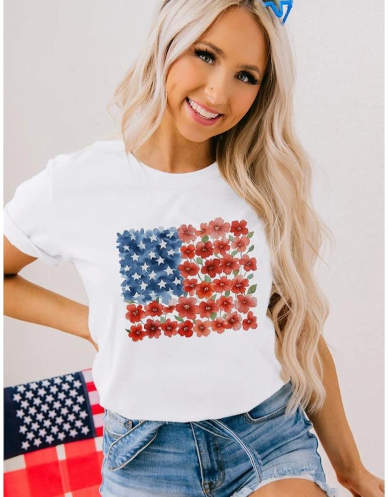 White Star Floral American Flag Printed T Shirt