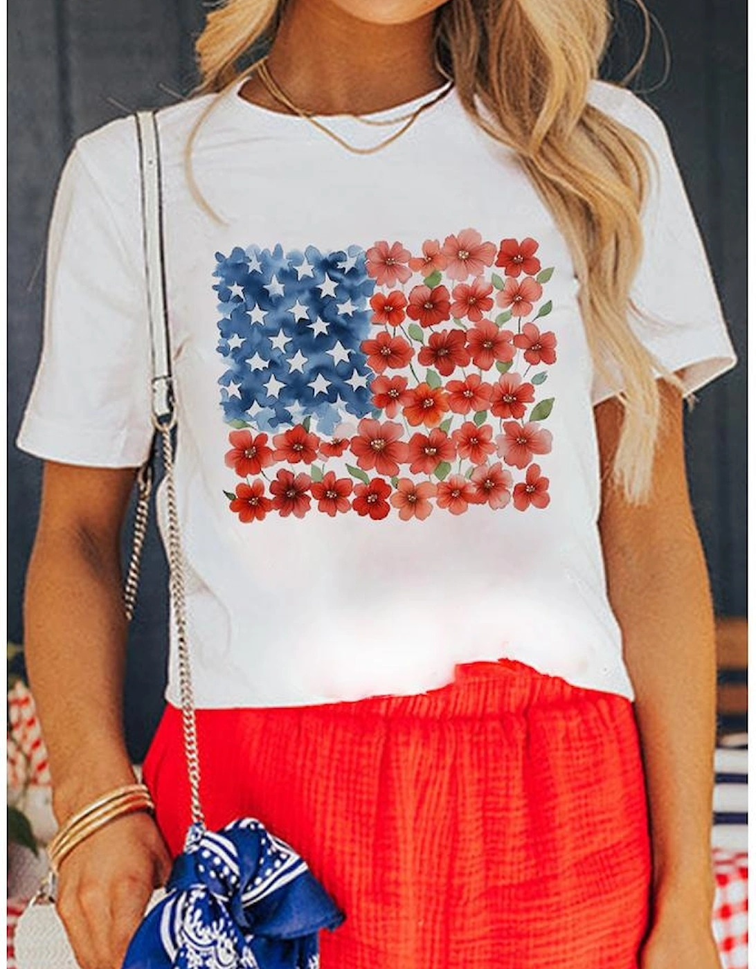White Star Floral American Flag Printed T Shirt