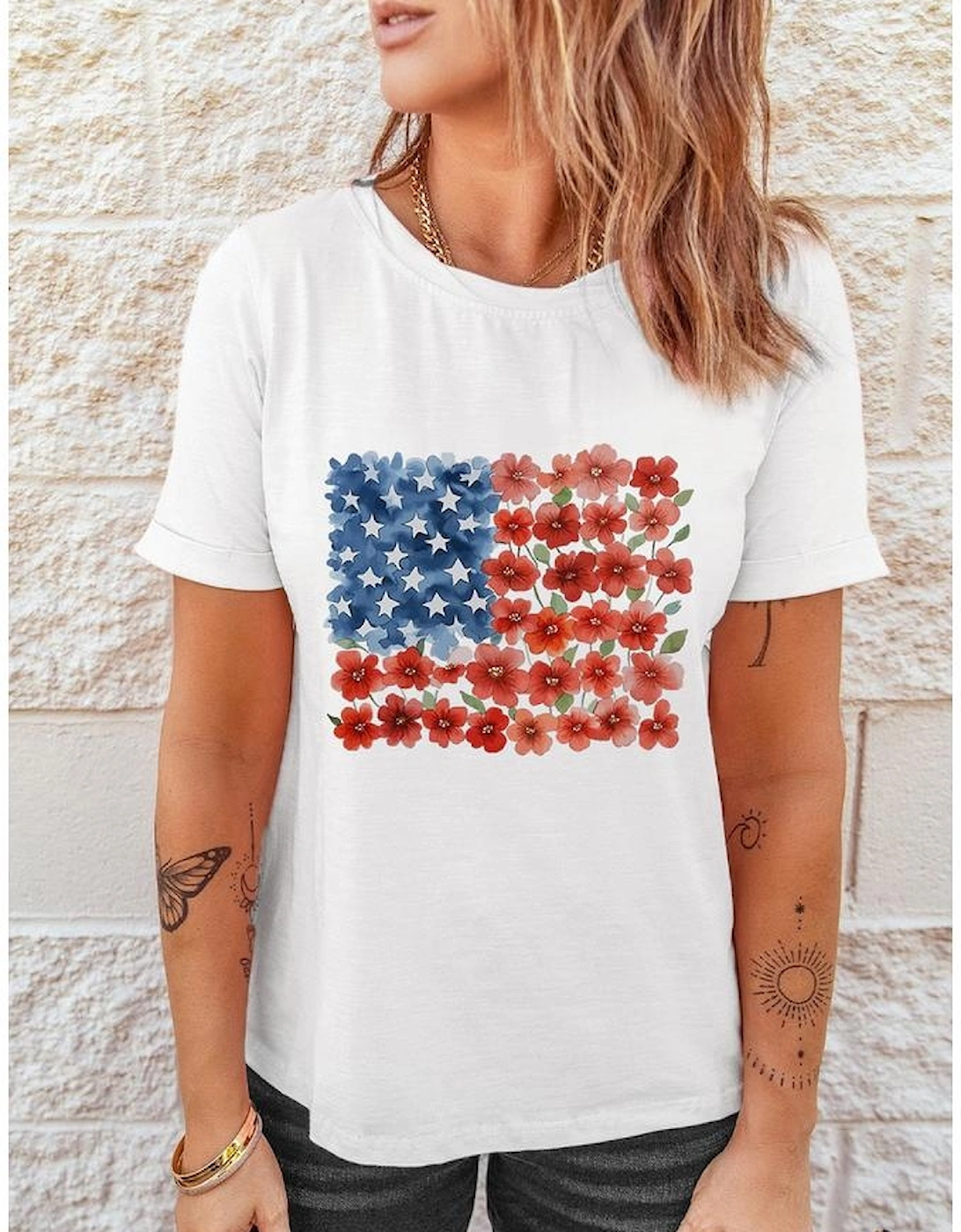 White Star Floral American Flag Printed T Shirt