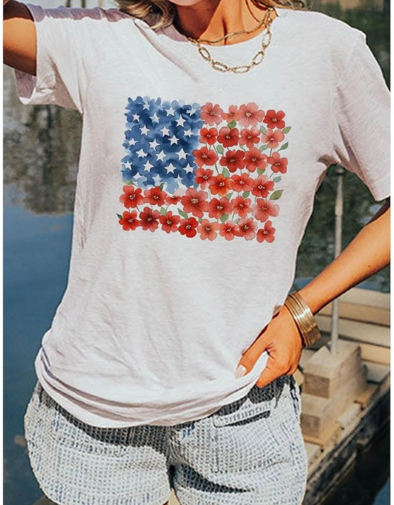White Star Floral American Flag Printed T Shirt