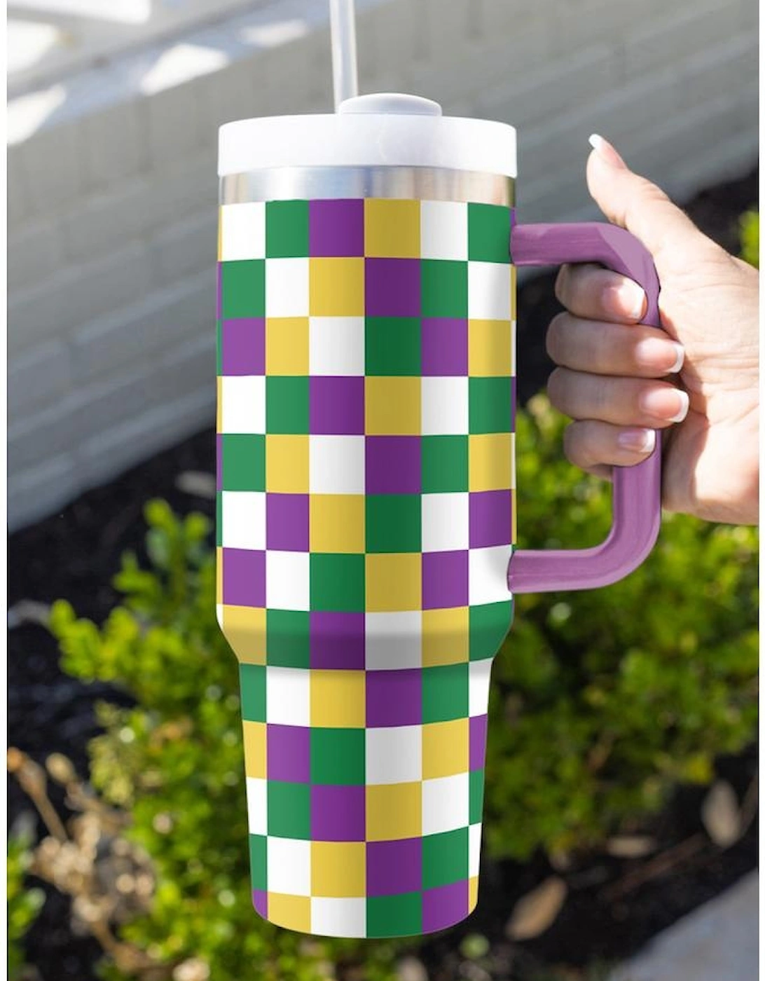 Tillandsia Purple Checkered Print Handle Large Vacuum Cup 40OZ