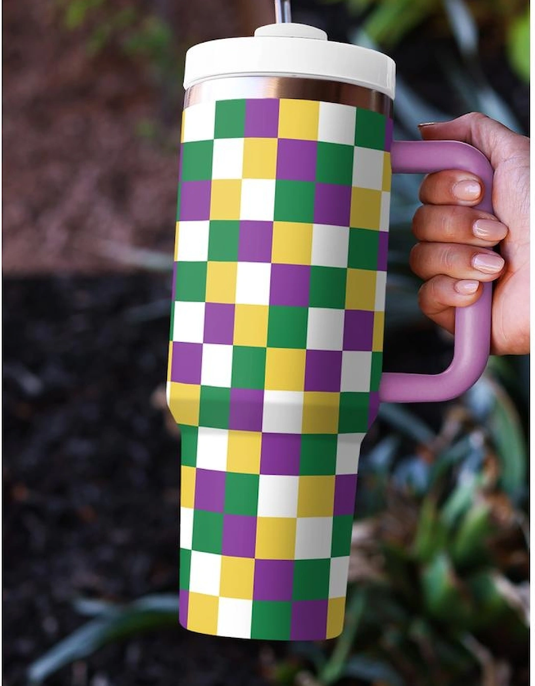 Tillandsia Purple Checkered Print Handle Large Vacuum Cup 40OZ