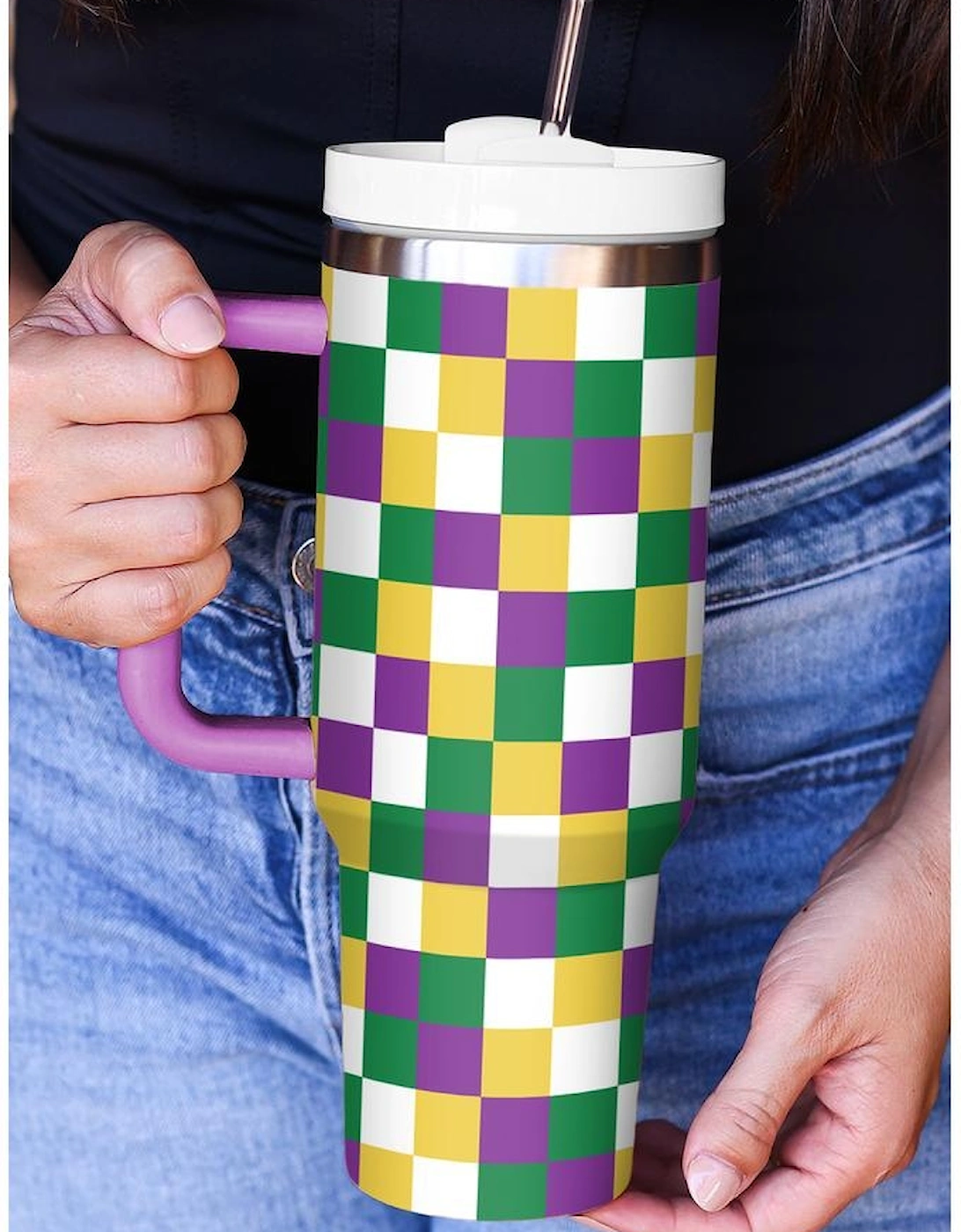 Tillandsia Purple Checkered Print Handle Large Vacuum Cup 40OZ, 6 of 5