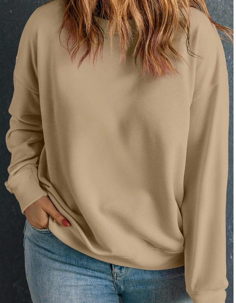 Apricot Solid Crew Neck Drop Shoulder Plus Size Sweatshirt