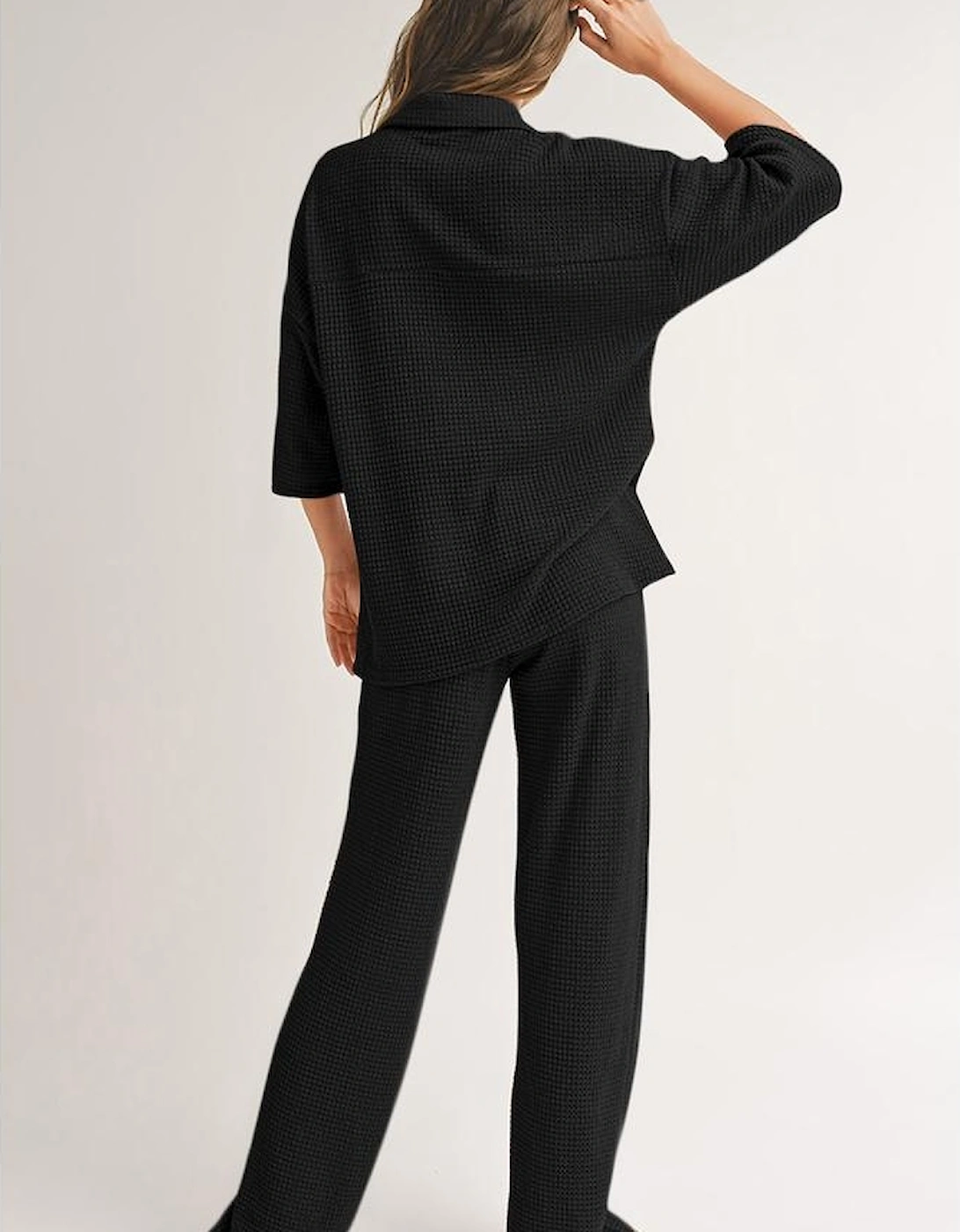 Black Solid Color Textured Buttoned Shirt and Casual Pants Set, 12 of 11