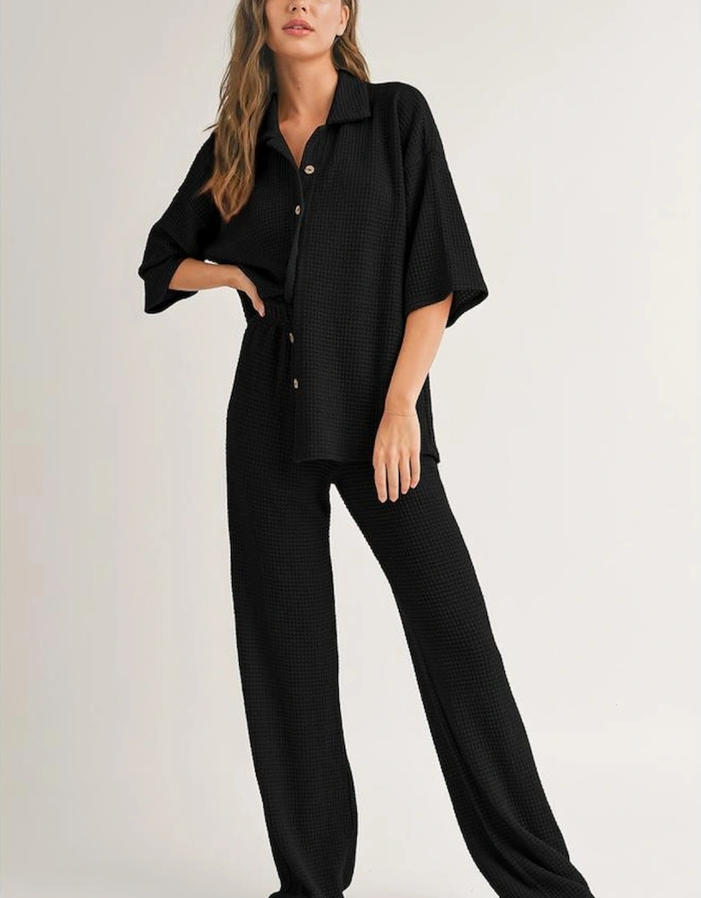 Black Solid Color Textured Buttoned Shirt and Casual Pants Set