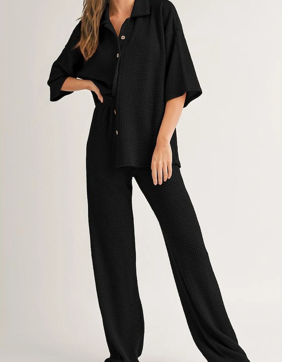 Black Solid Color Textured Buttoned Shirt and Casual Pants Set
