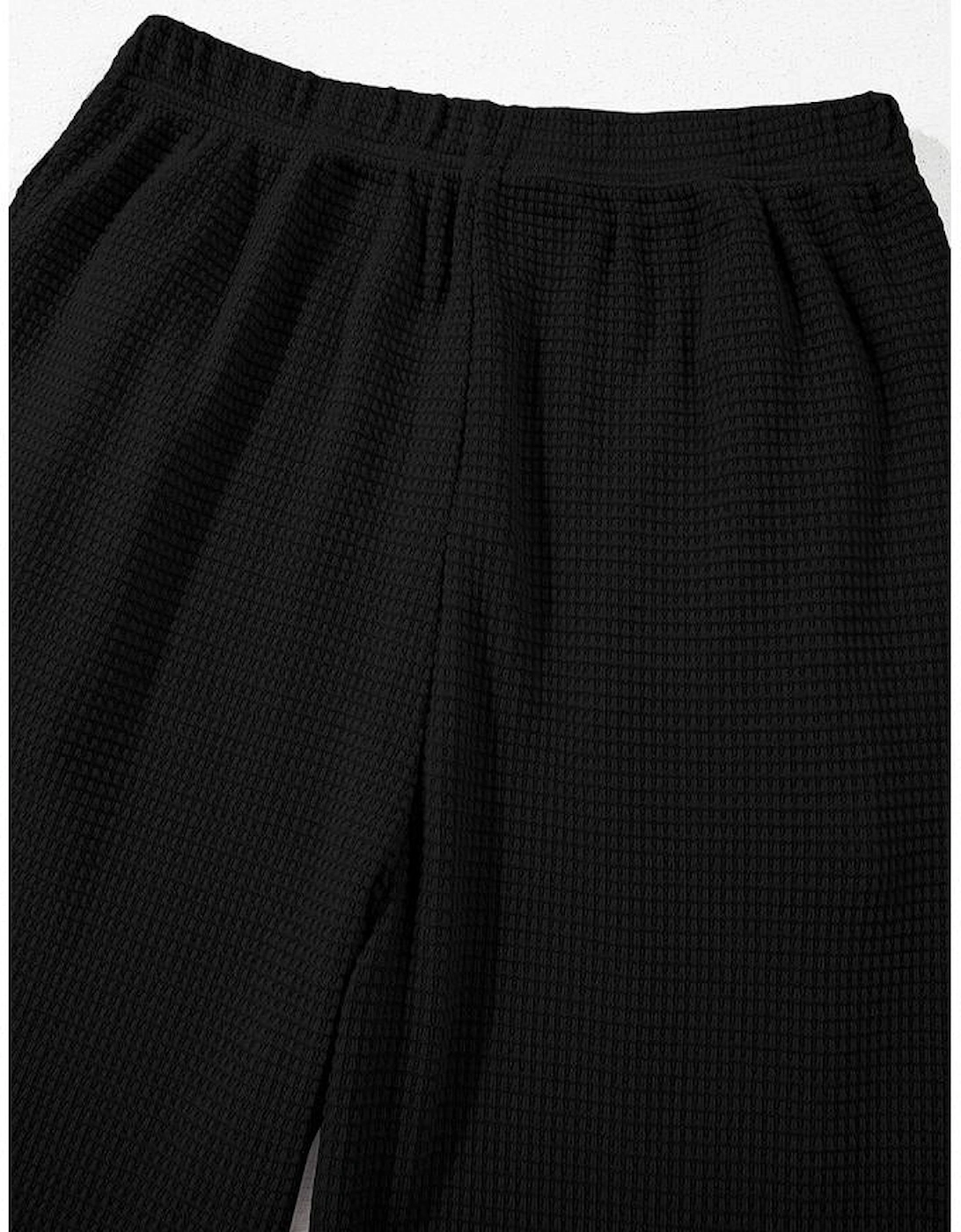 Black Solid Color Textured Buttoned Shirt and Casual Pants Set