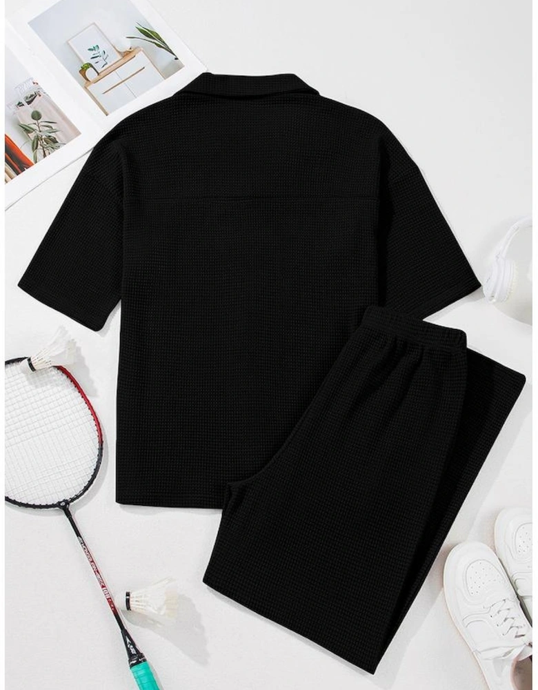 Black Solid Color Textured Buttoned Shirt and Casual Pants Set