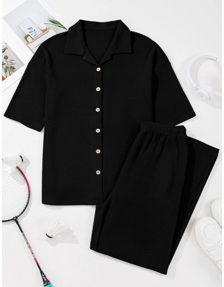 Black Solid Color Textured Buttoned Shirt and Casual Pants Set