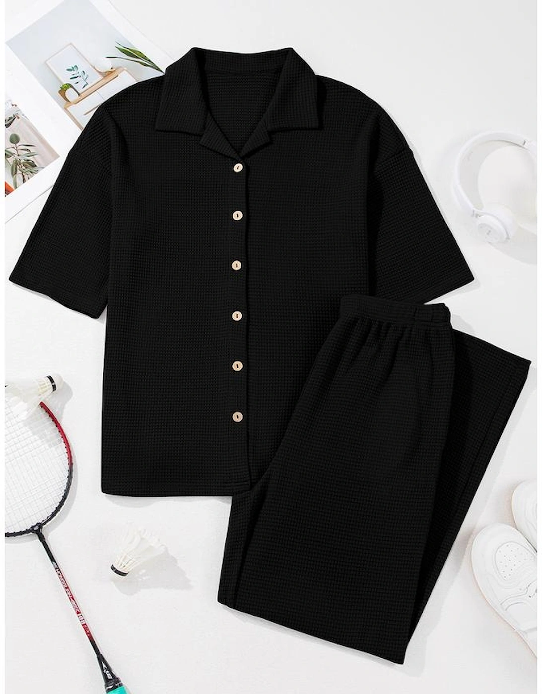 Black Solid Color Textured Buttoned Shirt and Casual Pants Set