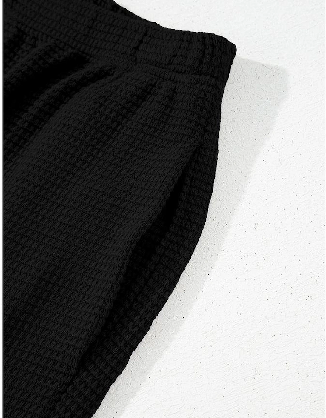 Black Solid Color Textured Buttoned Shirt and Casual Pants Set