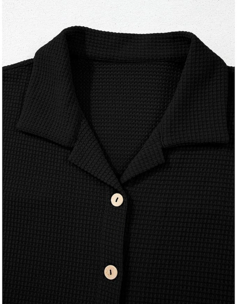 Black Solid Color Textured Buttoned Shirt and Casual Pants Set