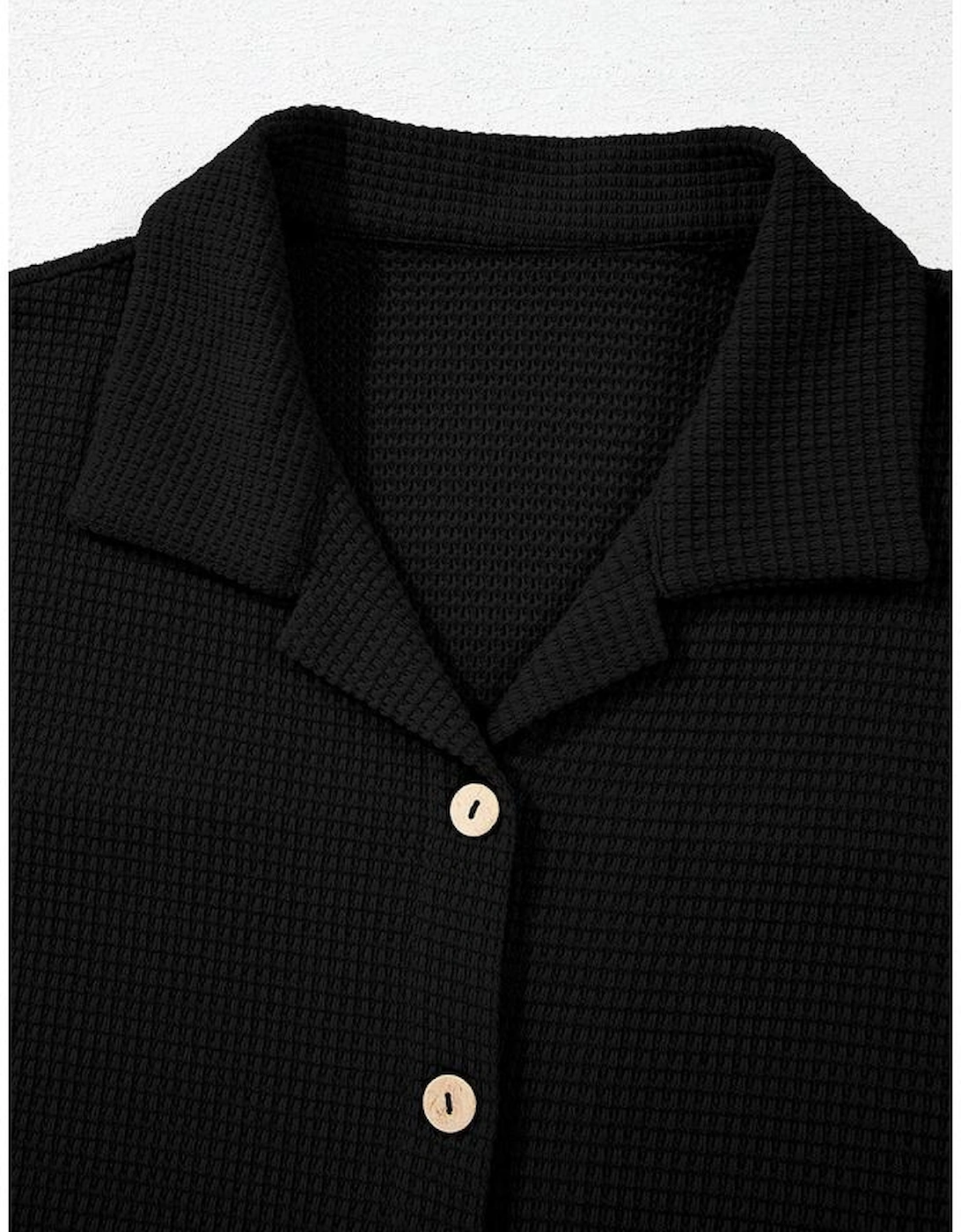 Black Solid Color Textured Buttoned Shirt and Casual Pants Set