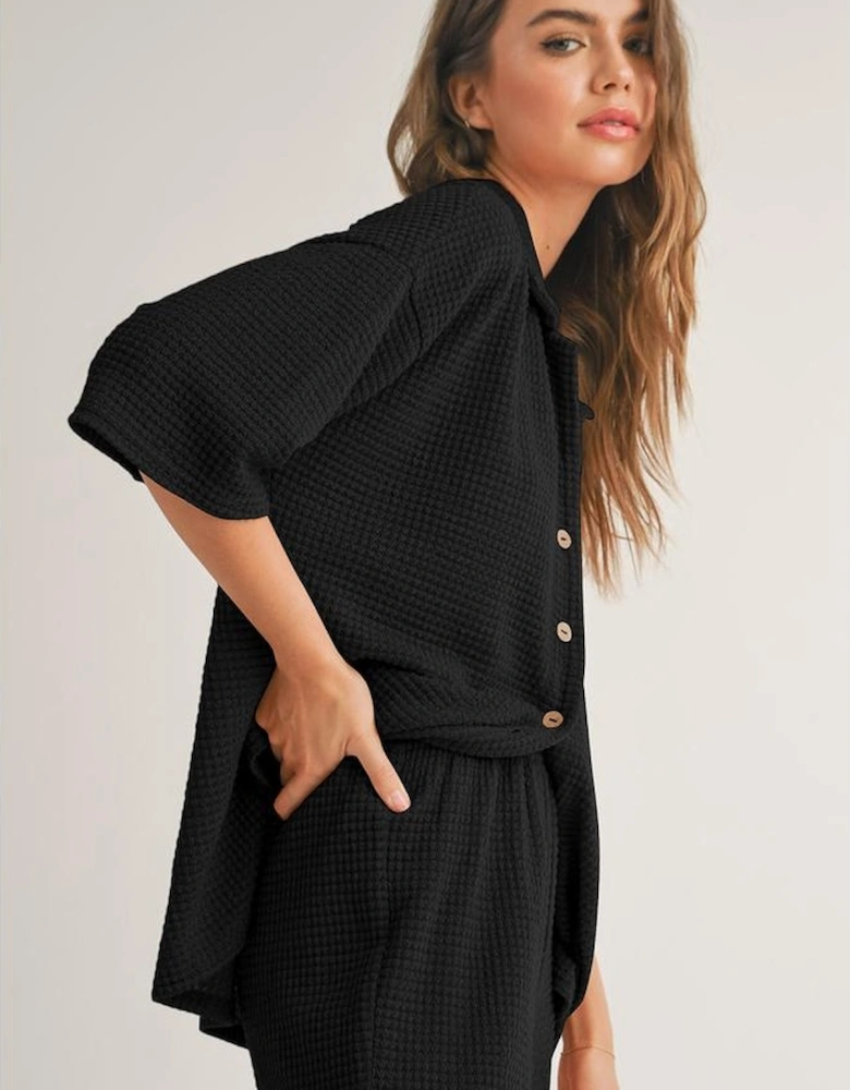 Black Solid Color Textured Buttoned Shirt and Casual Pants Set