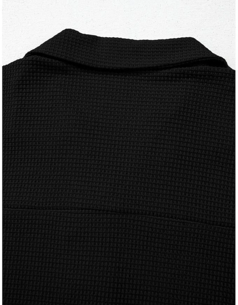 Black Solid Color Textured Buttoned Shirt and Casual Pants Set