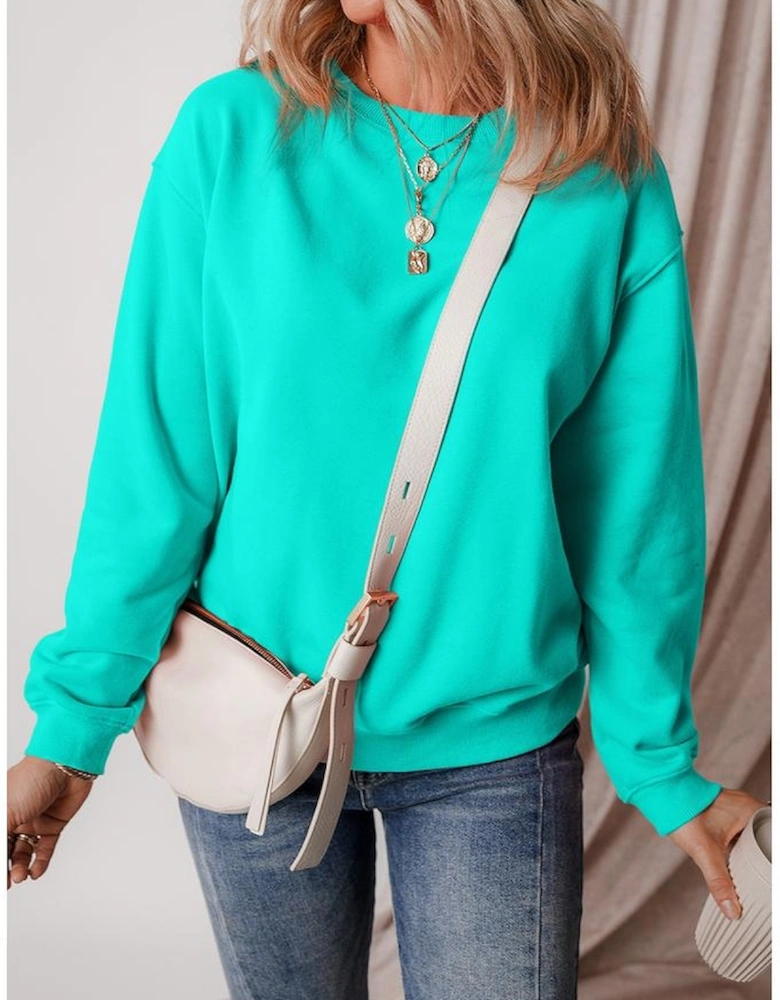 Aruba Blue Solid Fleece Lined Drop Shoulder Terry Sweatshirt