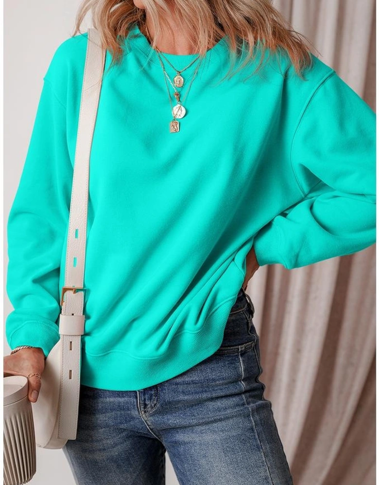 Aruba Blue Solid Fleece Lined Drop Shoulder Terry Sweatshirt